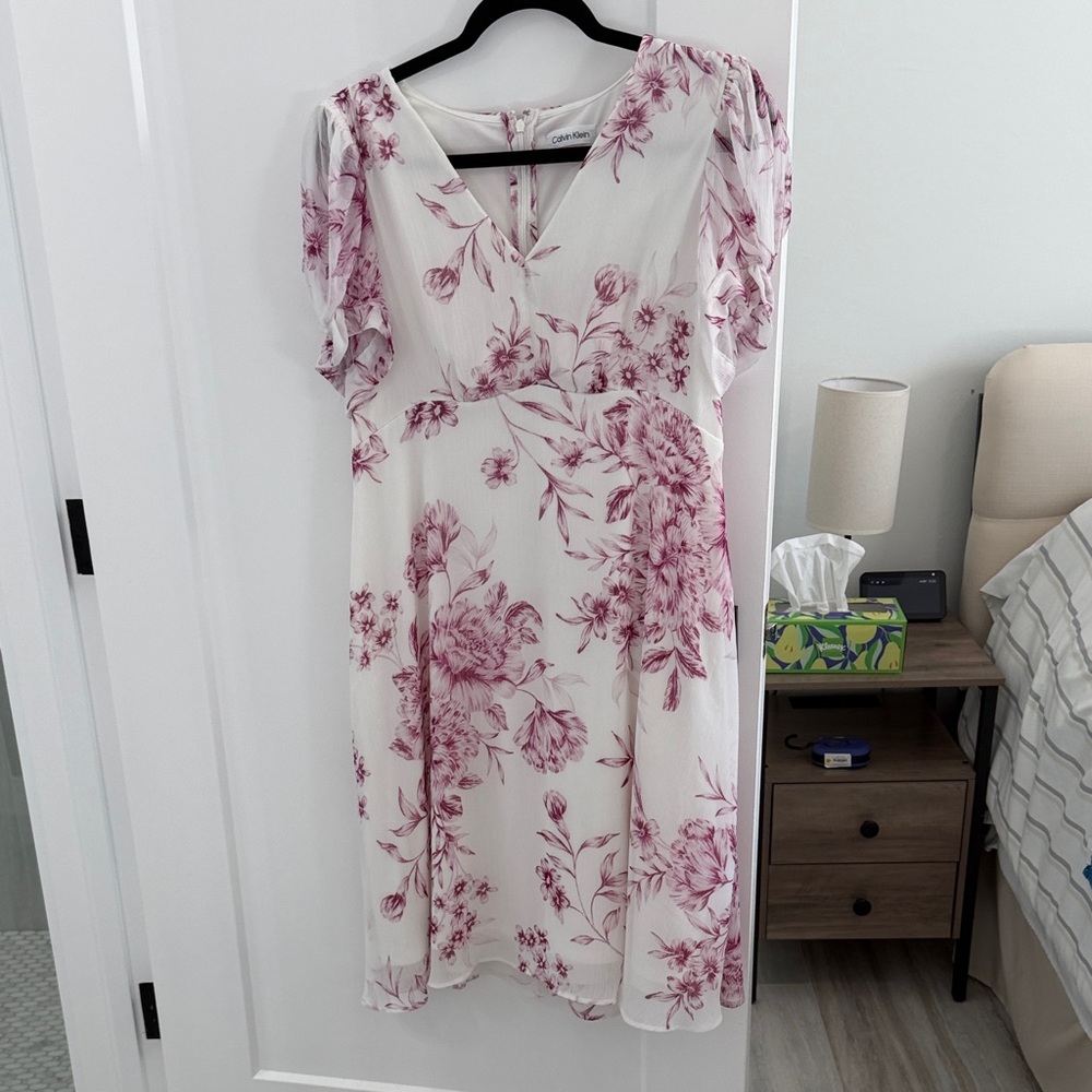 Calvin Klein White and Pink Floral Midi Dress